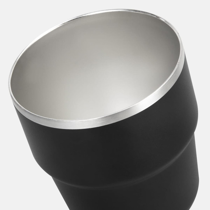A stackable drinkware cup in matte black with a shiny silver rim, part of a set of two.
