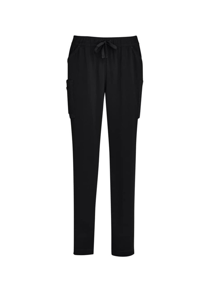 Black women's slim leg scrub pants with a drawstring waistband and side pockets. Features branding on the fabric.