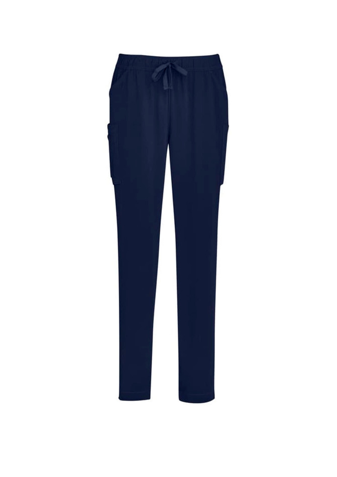 Navy women's slim leg scrub pants featuring side pockets and an elastic waistband. Includes a drawstring for adjustable fit.