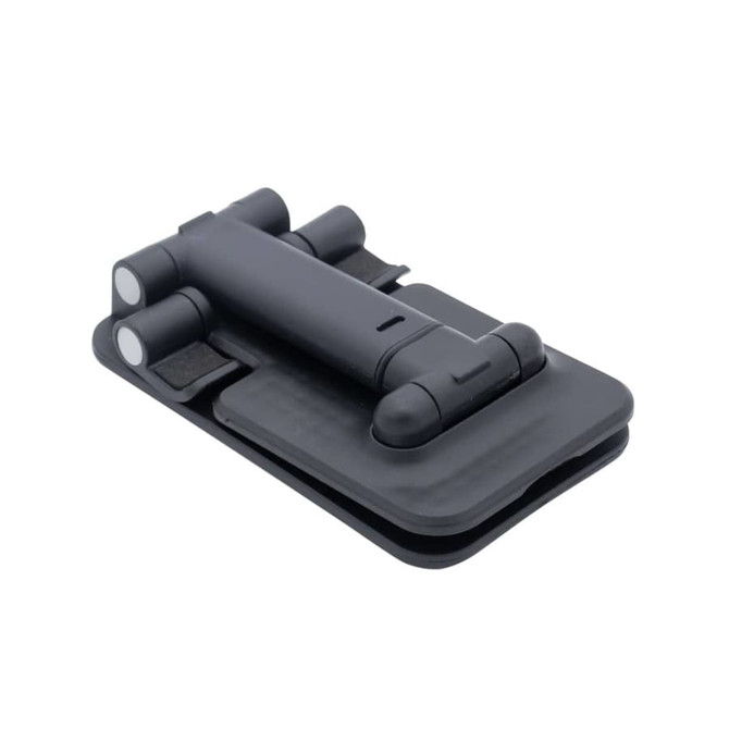 A black folding desktop mobile phone and tablet stand with a compact design and branding on it.