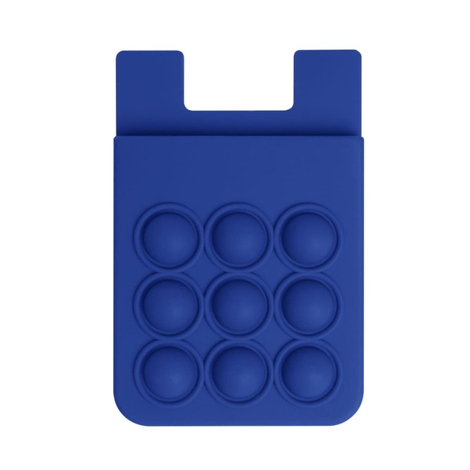 A blue silicone phone wallet featuring popper stress relievers and a minimalistic design. It includes a logo.