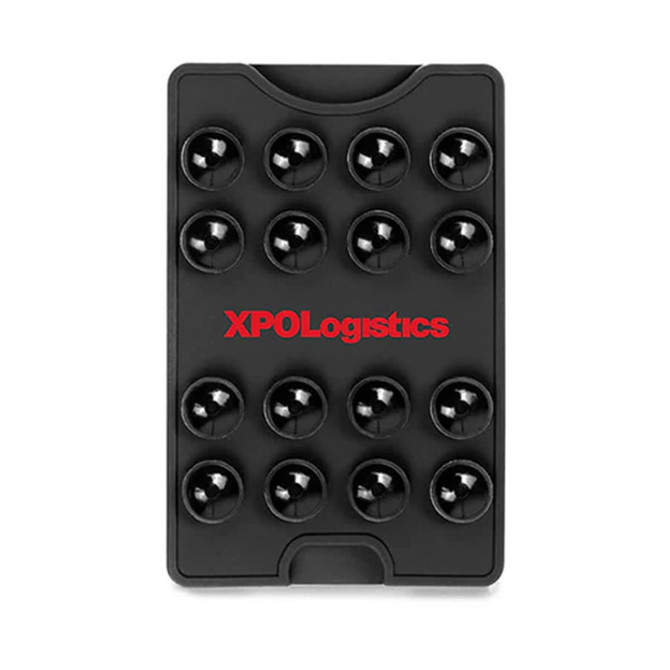 A black suction phone wallet with multiple suction cups and a logo, designed for attaching to surfaces.