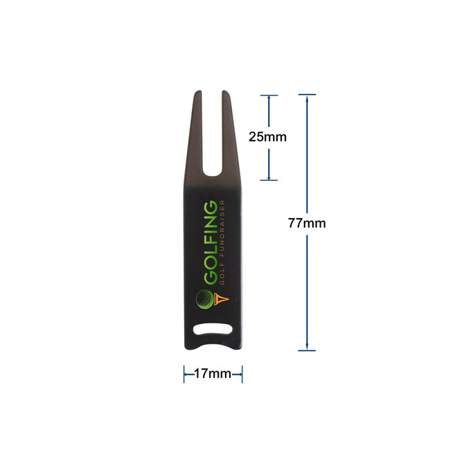 A black golf divot tool with a logo, measuring 77mm by 25mm. It has a forked end for repairing greens.
