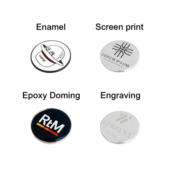 A round assortment of promotional product options in various finishes: enamel, screen print, epoxy doming, and engraving.