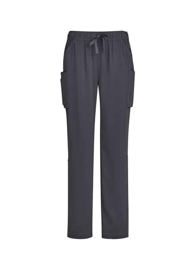 A pair of women's straight leg scrub pants in a dark grey colour with side pockets and a drawstring waist.