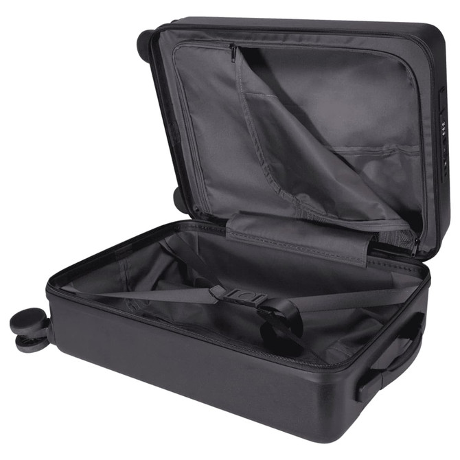 A black wheeled cabin trolley bag with a spacious interior and straps for securing items inside. Features a logo.