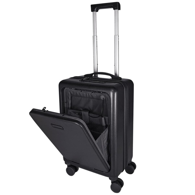 A black wheeled cabin trolley bag with an extendable handle and an open compartment displaying interior pockets.