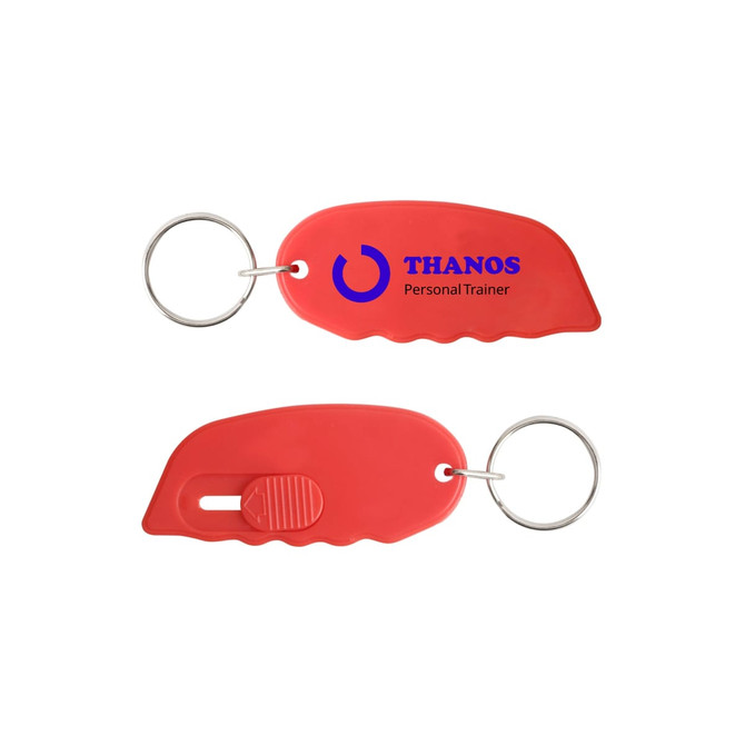 A red mini cutter keyring with a silver keyring attachment and a logo.