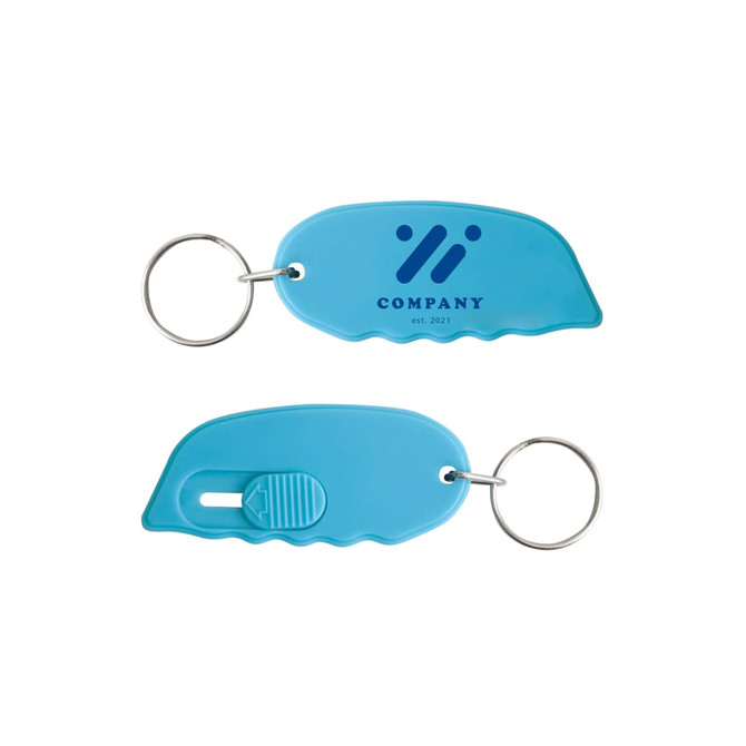 A blue keyring mini cutter featuring a logo, designed for easy carrying and convenience.