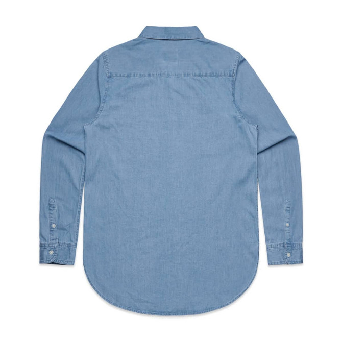 A blue denim button-up shirt with long sleeves and a rounded hemline, featuring a collar and buttoned cuffs.