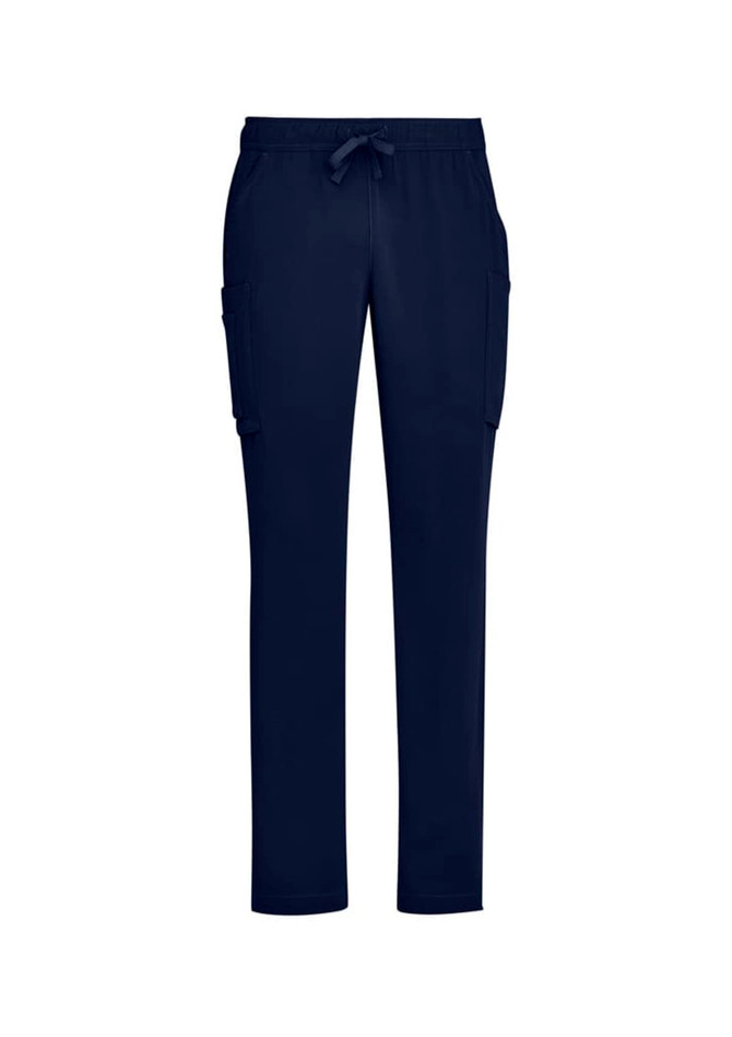 Navy blue straight leg scrub pants featuring side pockets and an elastic waistband. Includes a logo branding.