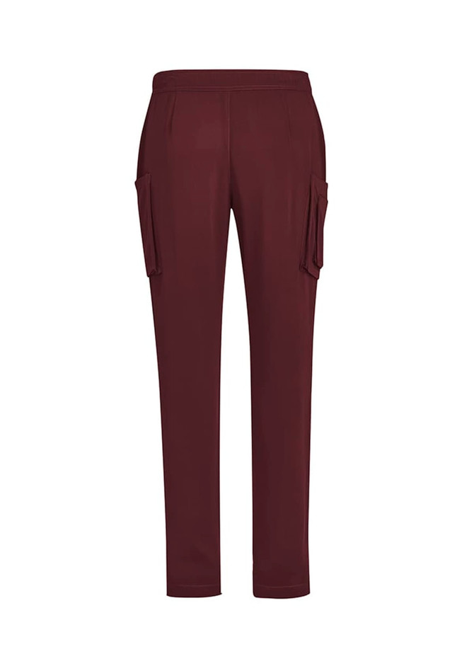 Maroon men's straight leg scrub pants featuring side pockets and an elastic waistband. The pants have a sleek, professional design.