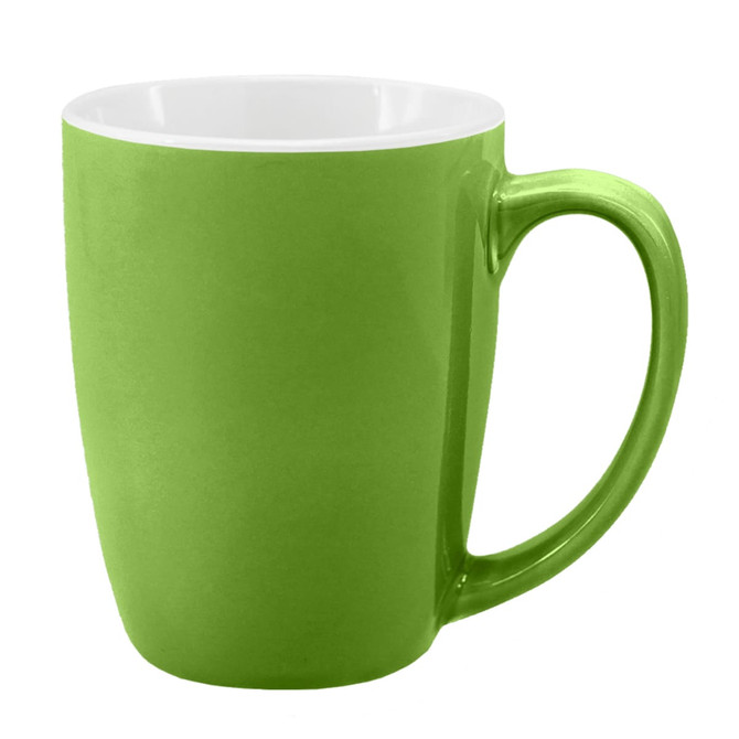 A green coffee mug with a glossy finish and a curved handle, featuring a white interior.