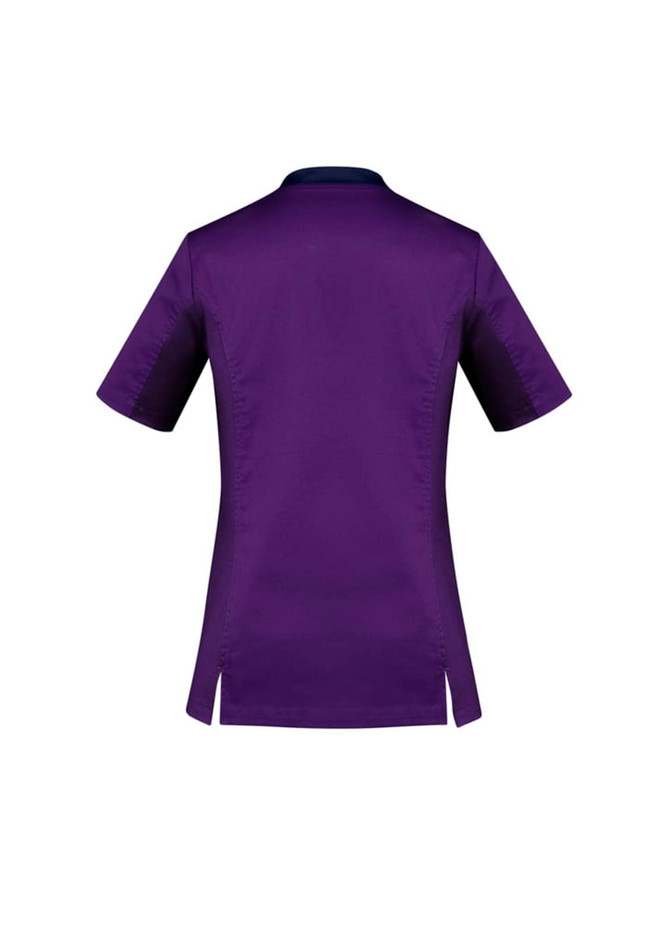 A purple women's scrub top with short sleeves and side slits, featuring a logo on the back.