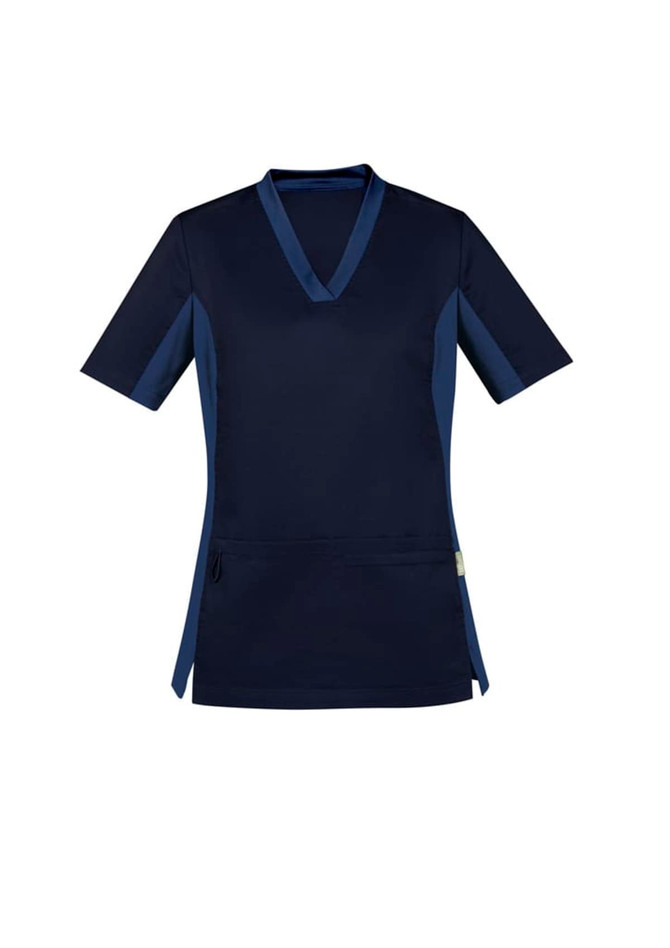 A women's scrub top in navy blue with short sleeves and a V-neck design, featuring a pocket and contrasting side panels.