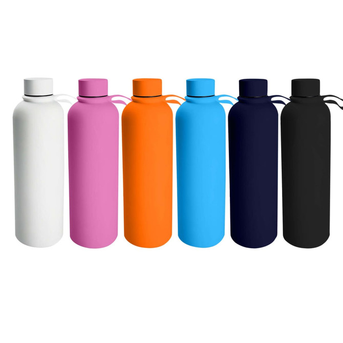 A drink bottle collection featuring white, pink, orange, blue, and black designs, all with a logo.