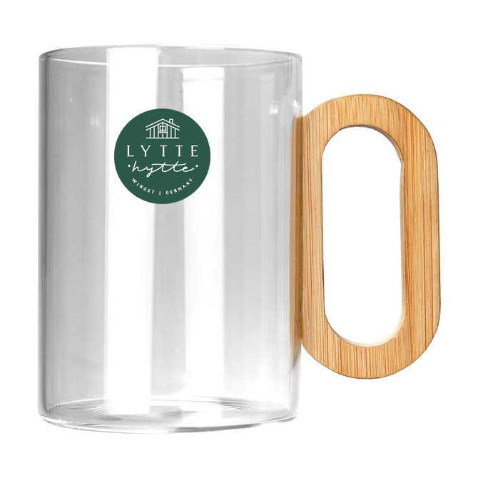 A glass coffee cup with a bamboo handle and a logo on the side. Clear design emphasises its modern look.
