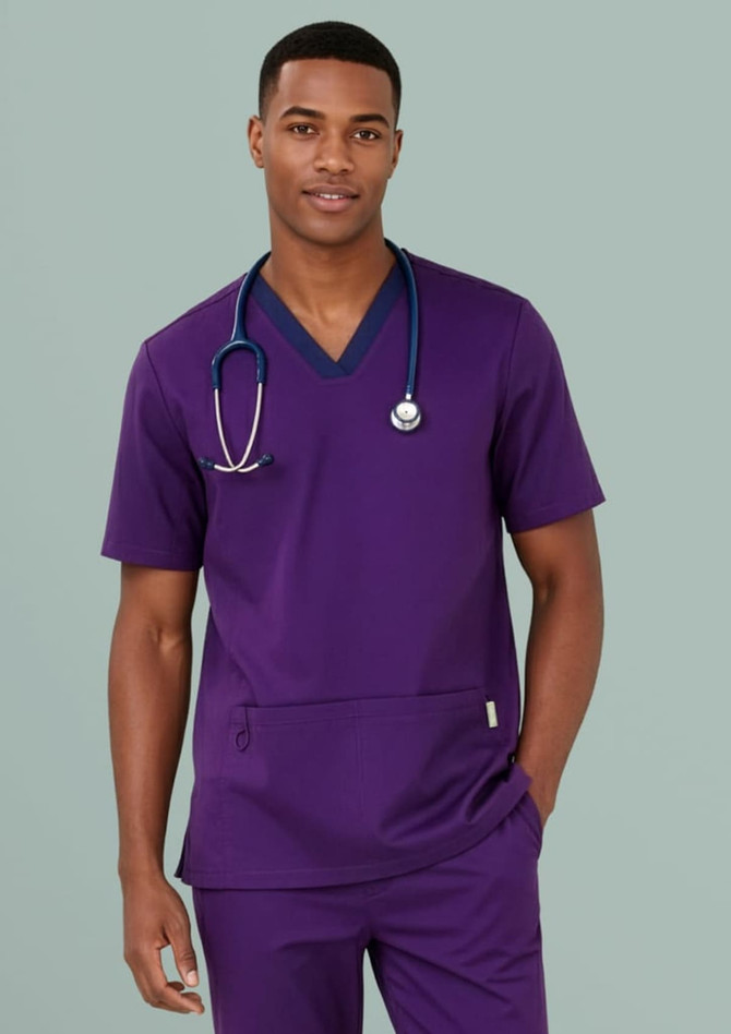 A men's purple scrub top features a v-neck design and a pocket, complemented by a stethoscope.