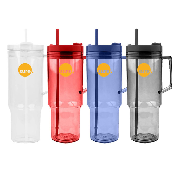 A drink bottle set featuring four travel mugs in clear, red, blue, and grey, with straws and handles. Each has a logo.