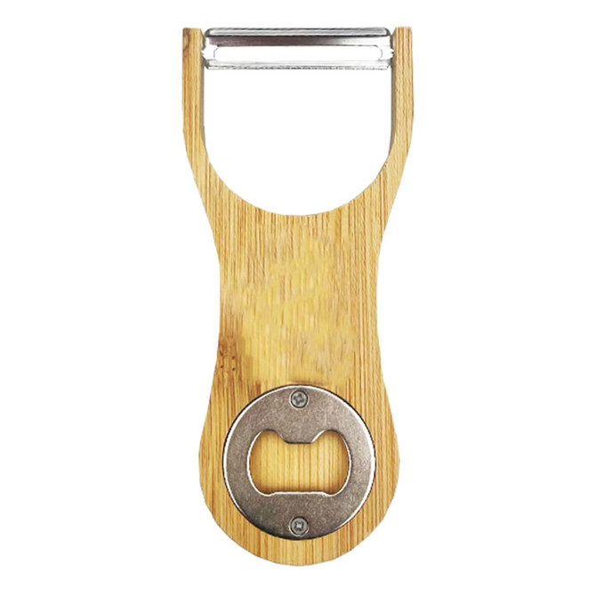 A drink bottle opener made of bamboo with a metal bottle cap opener at the base. It features a sleek design and has a logo.