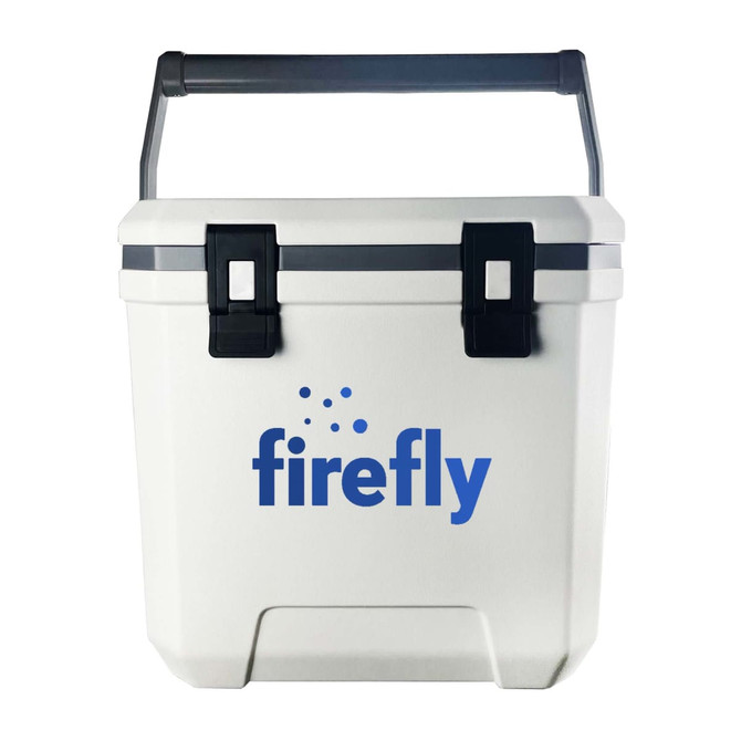 A white cooler box with a grey lid and a handle, featuring a logo on the front.