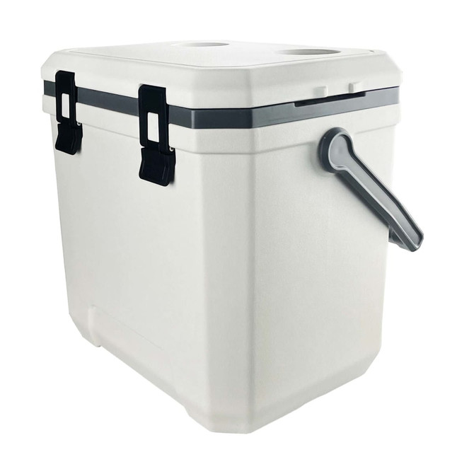 A white cooler box with grey accents and handles, featuring a secure latch system.