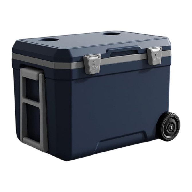 A navy blue rolling cooler box with a handle and wheels, featuring two cup holders on the lid.