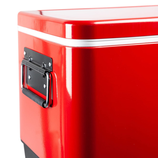 A red metal ice cooler box with a handle, featuring a shiny finish and a white stripe.