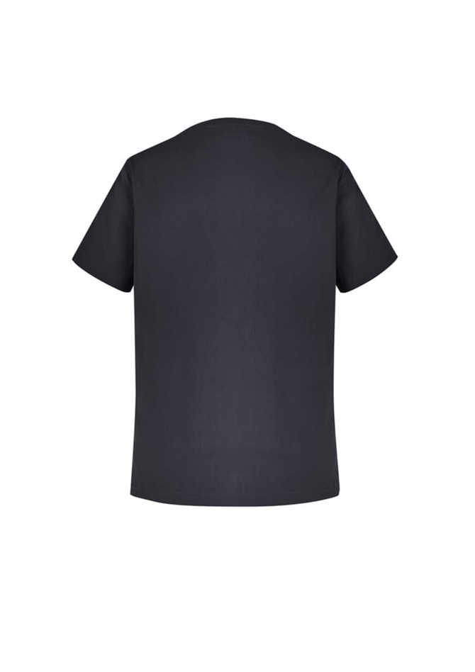 A black scrub top with short sleeves and a simple design, featuring a logo on the back.