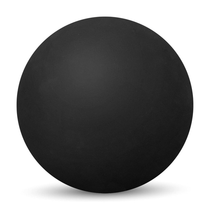A black high bounce ball with a smooth surface, featuring a branding logo.