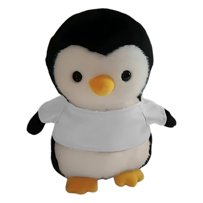 A black and white penguin plush toy wearing a white shirt, featuring large round eyes and an orange beak.