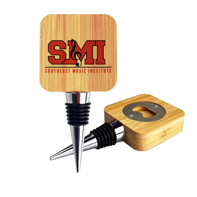 A drink bottle stopper and opener made of bamboo with a metal base, featuring a logo.