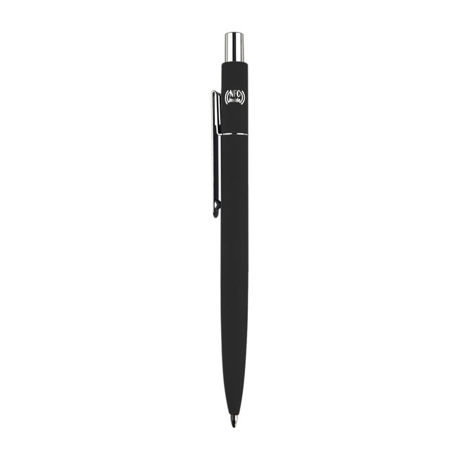 A sleek black metal pen with a shiny silver clip and a logo on the barrel.