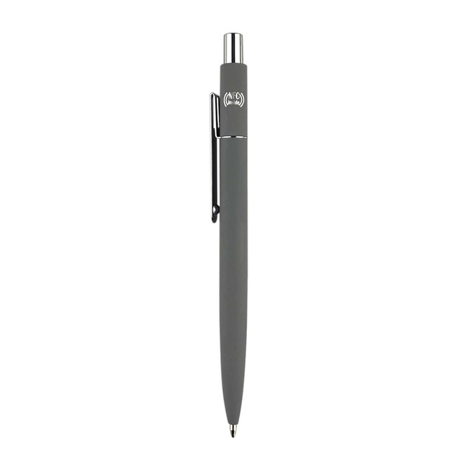 A grey metal pen with a shiny silver clip and branding on the barrel.