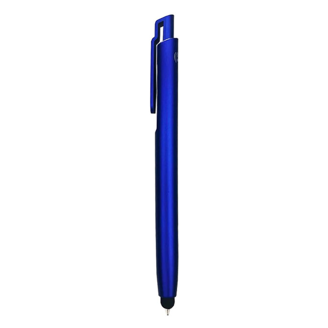 A blue stylus pen with a sleek design and a clip for easy attachment. It features a branding logo.