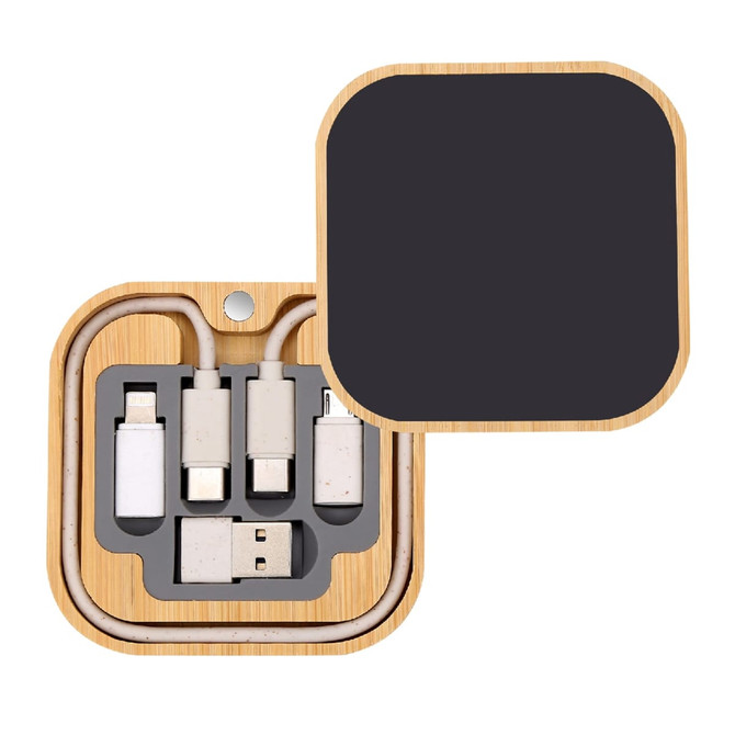 A square charger set in a bamboo casing, featuring various charging cables and a wireless charging pad.