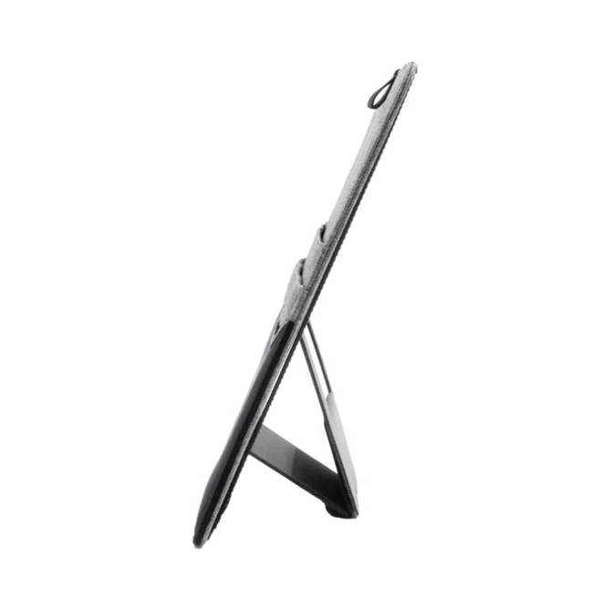 A grey RPET clipboard stands upright, featuring a black stand and a loop attachment. It has a logo on the front.