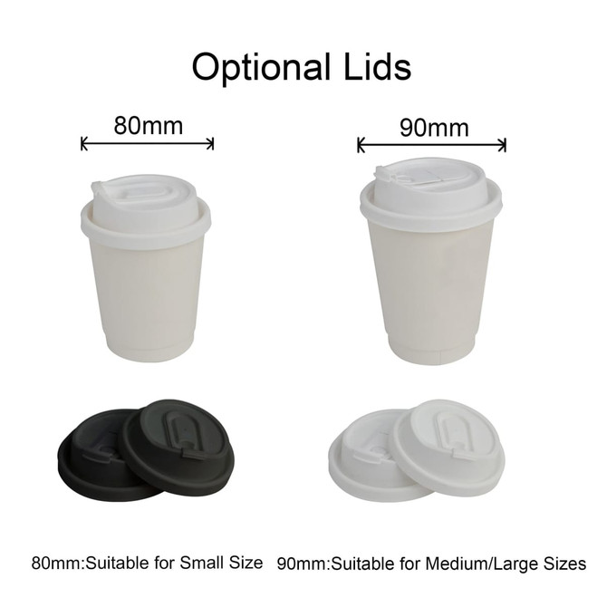 A set of white double wall paper cups with optional black and white lids, featuring varying sizes for drinks.