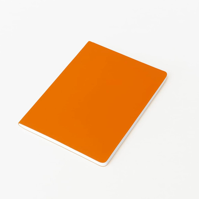 An A5 thin notebook with a vibrant orange PU cover and a white edge. It features a logo on the front.