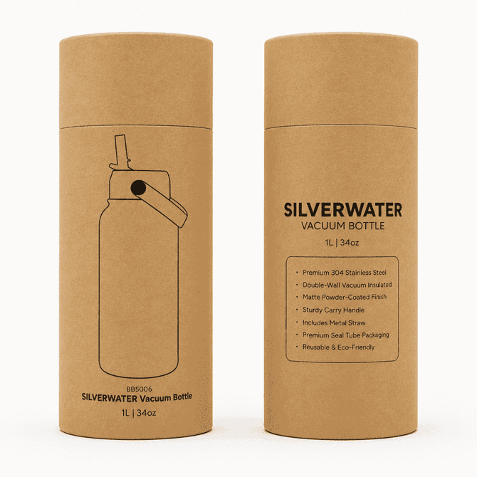 A drink bottle featuring a stainless steel design in a matte finish with a sturdy handle and a metal straw. It includes a brand logo.