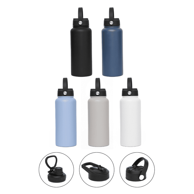 A drink bottle set featuring four vacuum bottles in black, blue, grey, and white with three different lid options.