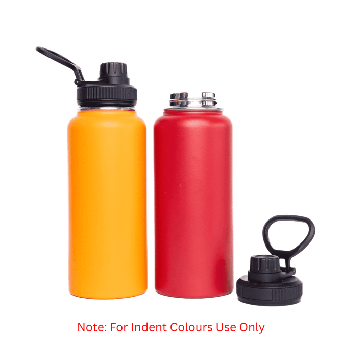 A drink bottle set featuring a yellow flask, a red flask, and a black lid option, with a logo on the bottles.