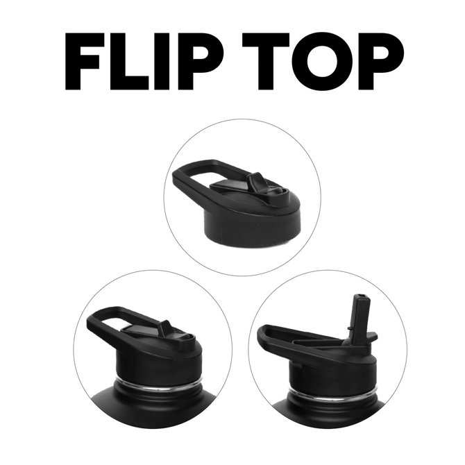 A drink bottle with a black flip-top lid, featuring multiple lid designs and a sturdy handle. Includes branding.