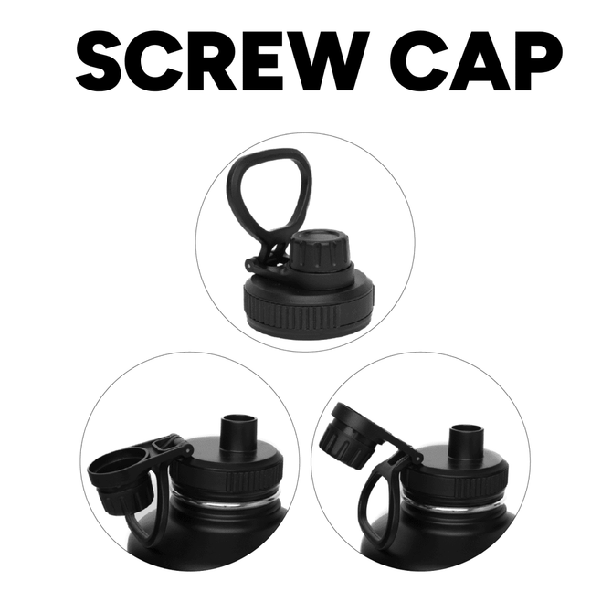 A drink bottle with a black screw cap and a loop for easy carrying, featuring three lid options.