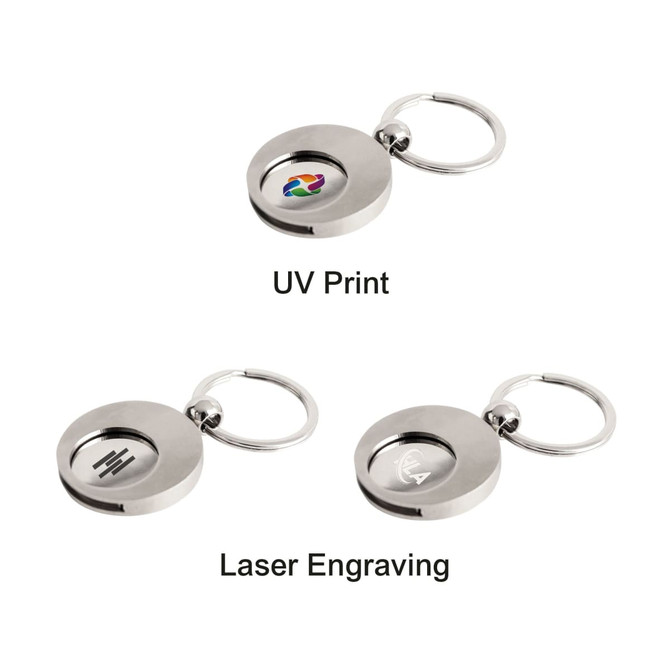 A round metallic keyring with a keychain, featuring UV print and laser engraving options.