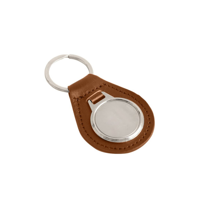 A brown PU leather keyring with a silver metal circular attachment and a keyring loop.