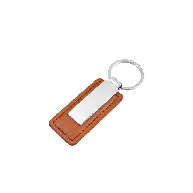 A PU leather keyring in brown with a silver metal attachment, featuring a sleek rectangular design.