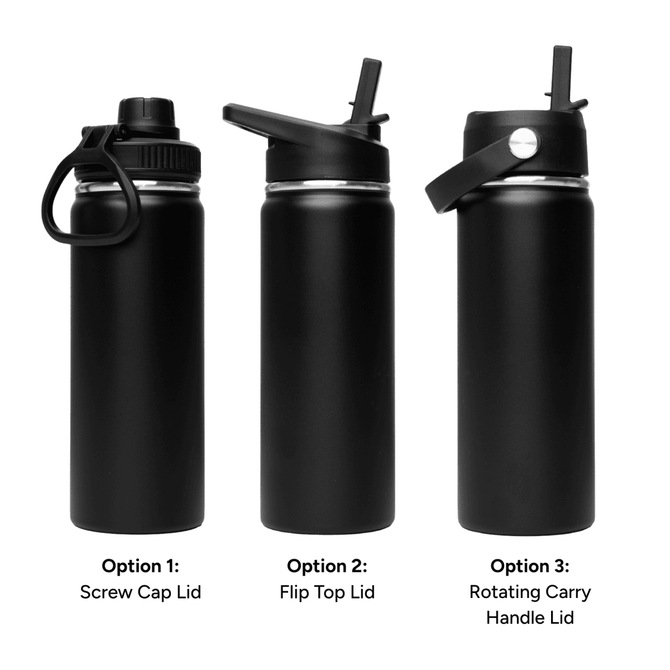A drink bottle trio featuring a 500ml design in black, showcasing three different lid options: screw cap, flip top, and rotating carry handle.
