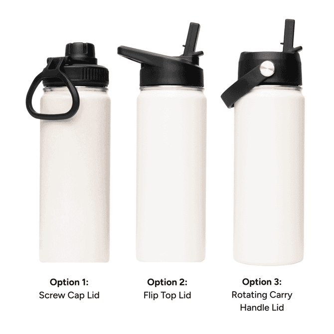 A drink bottle featuring three different lid options: screw cap, flip top, and rotating carry handle. Available in white.