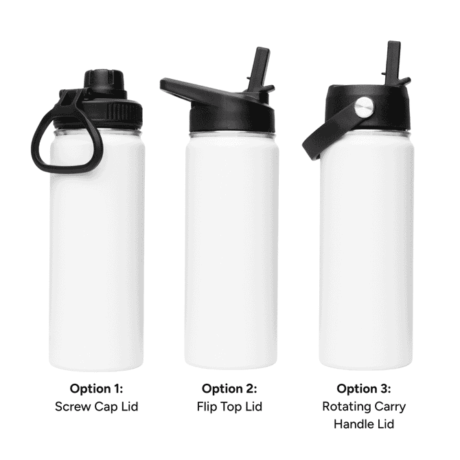 A drink bottle featuring a white body and three lid options: screw cap, flip top, and rotating carry handle.